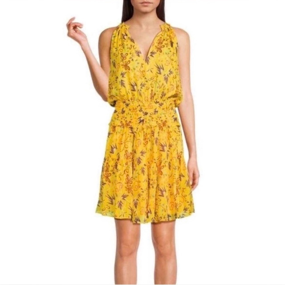 A.L.C. Yellow Floral V-Neck Smocked Mini Dress 100% silk